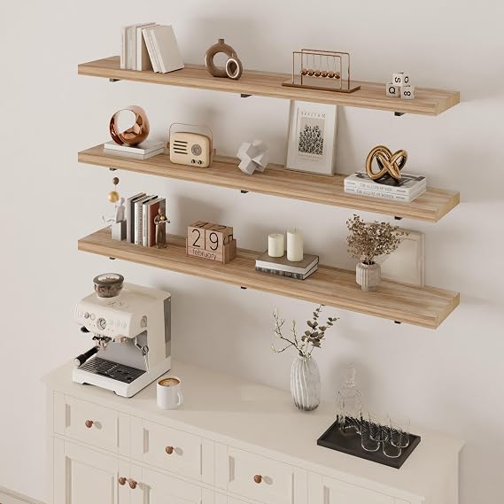 Long Wall Shelves 60 inch,Long Floating Shelf Set of 3, Large Wall Mounted Shelves with Metal Brackets, Farmhouse Bookshelf for Bedroom, Living Room and Bathroom