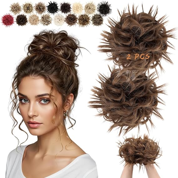 2PCS Messy Bun Hair Piece - Large Elastic Wavy Curly Hair Bun Scrunchies Ponytail Extensions Synthetic Chignon Thick Updo Hairpieces for Women 2.12oz each(Light Brown)