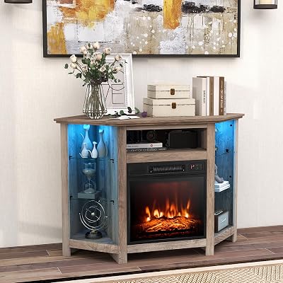 GOFLAME Corner Fireplace TV Stand with LED Lights for TVs up to 50”, Modern Entertainment Center with Electric Fireplace, Remote & Smart APP Control, TV Console with Adjustable Glass Shelves, Gray