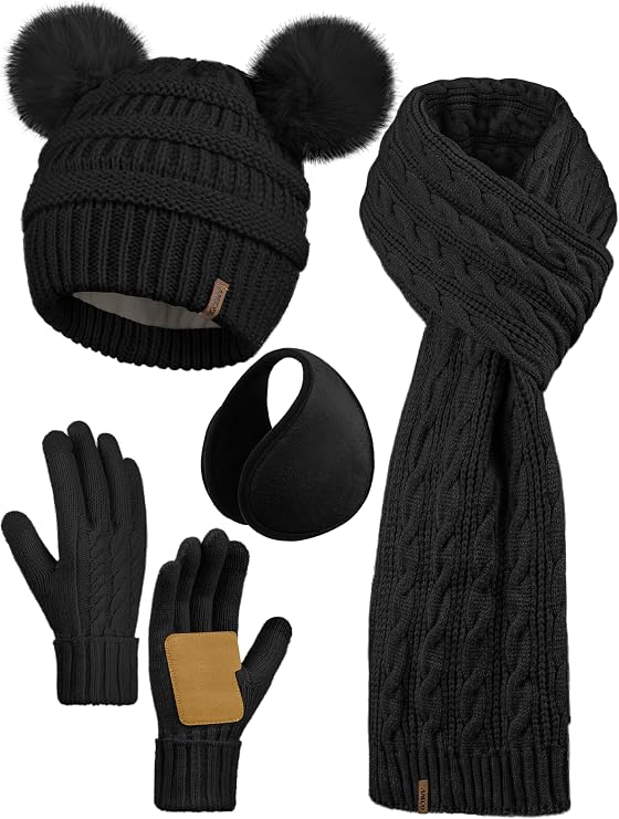 Aneco Women Winter Beanie Hat Scarf Gloves Set Warm Fleece Cap with Pompom Knit Anti-Slip Touchscreen Gloves for Cold Weather