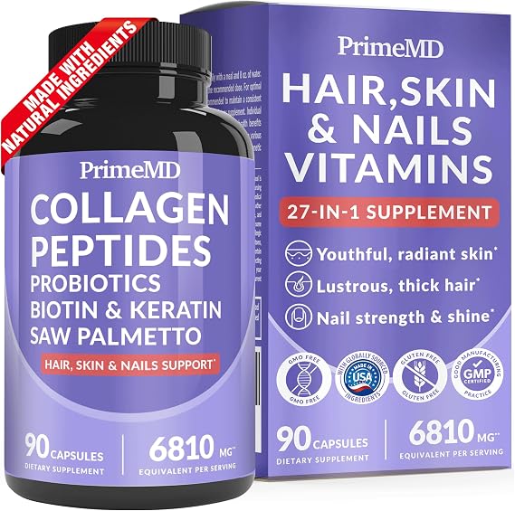 27-in-1 Hair Skin and Nails Vitamins (6810mg) with Biotin 10000mcg - Collagen Supplements for Men and Women - Keratin Supplements with Probiotics and Saw Palmetto, 90ct | Hair, Skin and Nails Support, Biotin, Collagen and Keratin with Saw Palmetto, Beauty Vitamin