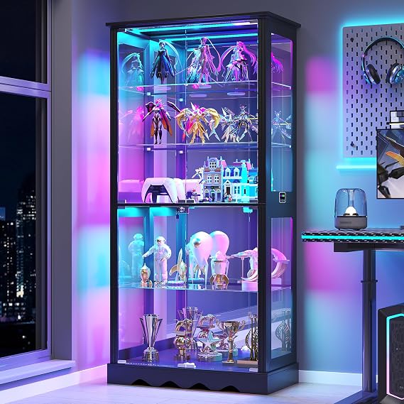 Dystler Display Cabinet with Glass Doors, RGB Lights for Collectibles | 71'' Tall with Adjustable Shelves, Human Sensor LED Lighting Curio Cabinet, Black