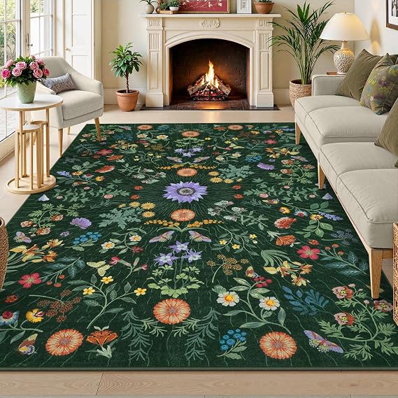 LIVEBOX Sunflower Botanical Washable 8x10 Area Rugs, Green Rug for Living Room, Non Slip Rugs for Bedroom, Boho Floral Indoor Throw Dining Room Carpet for Under Table Home Office Nursery Playroom