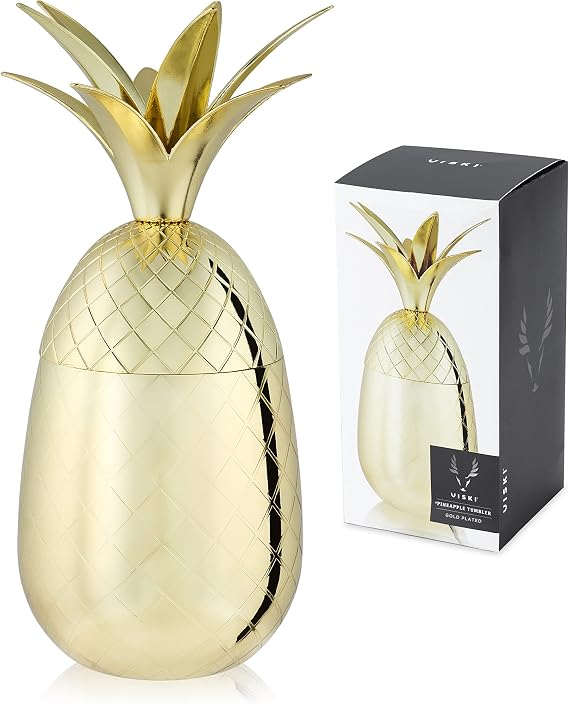 Viski Gold Pineapple Tumbler with Lid for Mai Tais, Tiki Drinks, and Craft Cocktails, Tumbler Cup, Stainless Steel with Gold Plating, 16 Oz Set of 1
