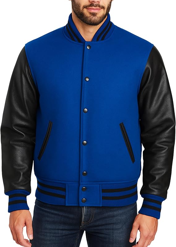 College Letterman Style Varsity Jacket Mens/Womens High School Baseball Coat Wool + Faux Leather Sleeves