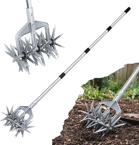 Rotary Cultivator, Hand Tiller Garden Tool with Sturdy Metal Tines | Adjustable Stainless Steel Long Handle Manual Cultivator for Gardening, Loosing and Mixing Soil, Reseeding Grass, Garden Beds