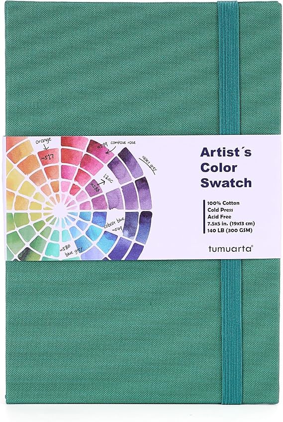 tumuarta Artists Color Swatch Book, 100% Cotton, 140 LB, 300GSM, Concertina Book, 24 Pan/Sheet, Painter`s Color Diary for Watercolors, Acrylic, Markers and Wet & Dry Media (7.5" x 5")