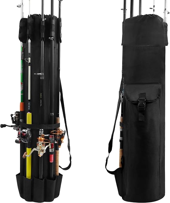 AGOOL Fishing Pole Bag with Rod Holder Fishing Rod Bag, 5 Rod & Reel Organizer Bag Waterproof Large Capacity Fishing Tackle Storage Bag Travel Carry Case Fishing Gifts for Men