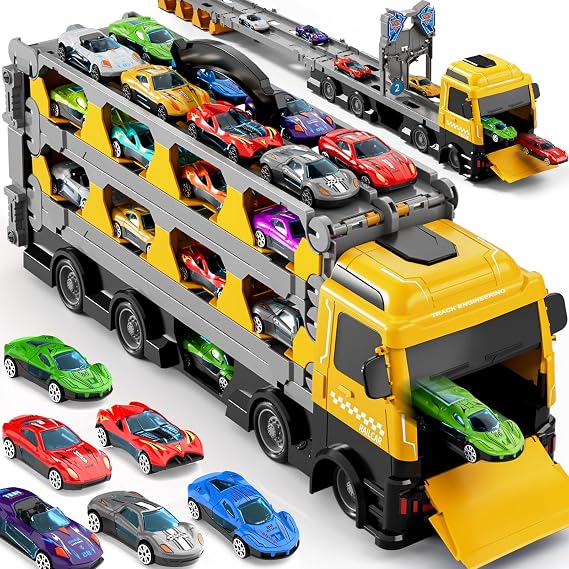 Ci Vetch 78-Inch Track Cars Trucks Toys for Toddlers 1-3 2-4 3-5 4-7 Years Old Boys Kids, Transport Truck Toy with 24Pcs Die-Cast Race Cars, Birthday Toys Gifts for 3 4 5 6 Year Old Boys Girls