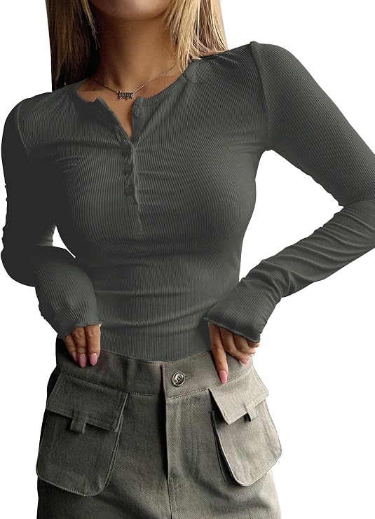 Women's Long Sleeve Tee Shirts Button Down Slim Fitted Basic Henley Tops Fall Ribbed Knit Shirts