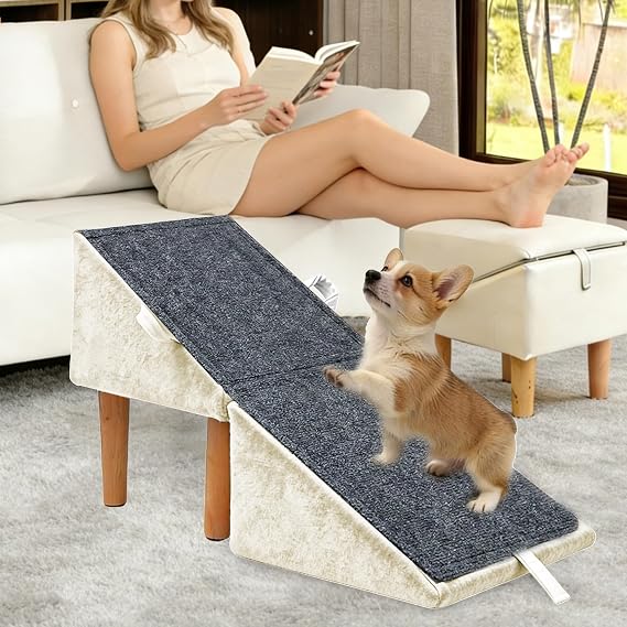 Split Ottoman Dog Ramp for Small Dogs and Cats – 2-in-1 Foldable Wooden Pet Ramp and Stairs for Couch and Low Bed, or Ottoman, Non-Slip and Portable, White