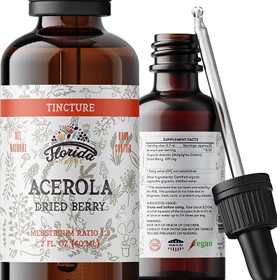 Acerola Tincture Vitamin C, Organic Acerola Extract Malpighia Glabra Dried Berry for Blood, Heart, Arteries, Non-GMO in Cold-Pressed Organic Vegetable Glycerin, Florida Herbs Supplements