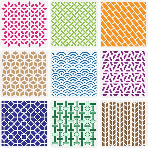 BENECREAT 9PCS Geometric Pattern Plastic Drawing Templates 12x12 Inches Square Diamond Sector Stencil for Scrabooking Card Making, DIY Wall Floor Decoration