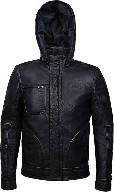 'Ghost Protocol' Men's Black Wrinkled Hooded Mission Impossible Leather Jacket 2052