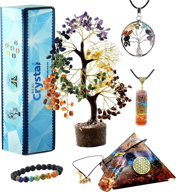 Seven Chakra Healing Crystal Tree, Bracelet & 3 Pendant Necklace w/Seven Chakra Orgonite Pyramid Gemstones Money Bonsai for Spiritual Good Luck Gift, Birthday Gift for Women, Men, Home, Office