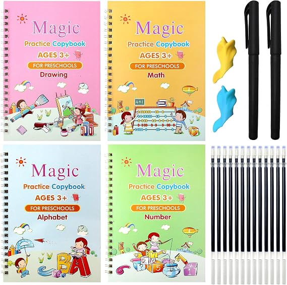 4PCS Grooved Handwriting Practice for Kids Age 3-5 Preschool Children, Reusable Magic Practice Copybooks for Student Tracing Letter Writing Books