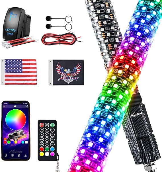 Nilight RGB LED Fat Whip Light 1PC 3FT Lighted Antenna Whips