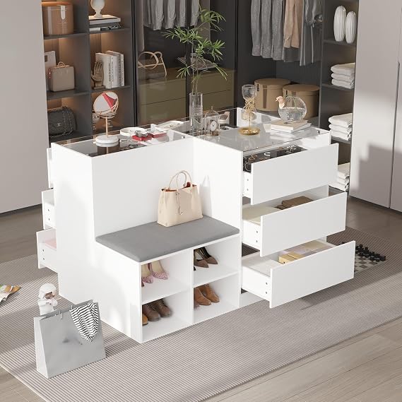 FUFU&GAGA Closet Island with Glass Top & 9 Drawers, Storage Bench with Cushion & Shoe Storage for Walk-in Closet, Jewelry Display Case Island for Dressing Room, White, 47.2W x 23.6D x 31.5H