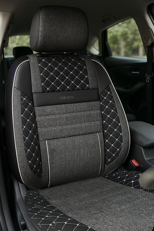 Premium Keten Kumaş Universal Oto Koltuk Kılıfı, 3 Katmanlı Kapitone, Siyah Gri, Terletmez Teknoloji, Ortopedik Sürüş Destekli, Tüm Binek ve SUV Araçlar İçin