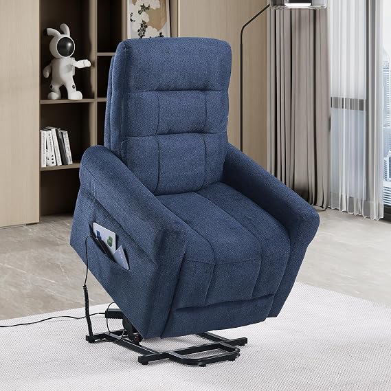 Power Lift Recliner Chair, Electric Power Lift Recliner Chair for Elderly Single Seat Chenille Reclining Sofa with Side Pocket for Bedroom, Living Room, Office (Blue)
