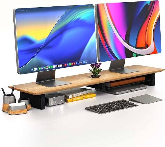 COREMINDED Solid Wood Dual Monitor Stand Riser, 42 Inch Oak Desk Shelf
