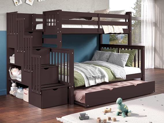 Bedz King Stairway Bunk Beds Twin Over Full, 4 Step Drawers, Twin Trundle, Dark Cherry