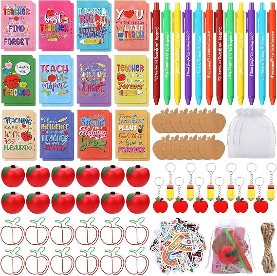 Pasimy 145 Pcs Teacher Appreciation Gifts Set Thank You Teacher Notebooks Pens Inspirational Stickers Apple Stress Ball Paper Clip Keychain Teacher's Day Gifts for School Classroom Office Supplies