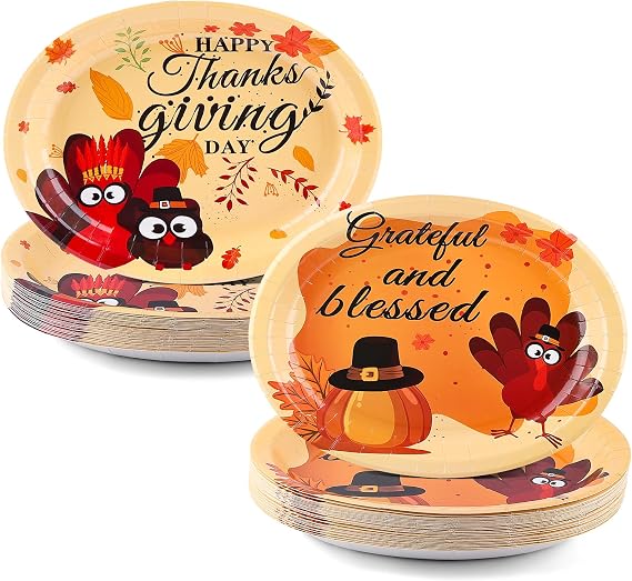 60PCS Thanksgiving Oval Paper Plates -10" x 12" Heavy Duty Party Plates for Fall and Thanksgiving Party