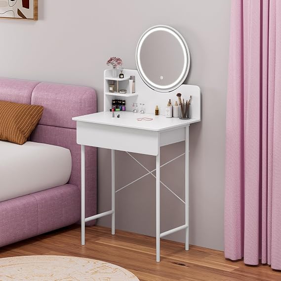 Dressing Table, Vanity Desk with Mirror and LED Lights, 3 Light Colors, Adjustable Brightness, Vanity Table with Storage Drawer and 2 Shelves, Small Makeup Desk, White Bedroom Dressing Table