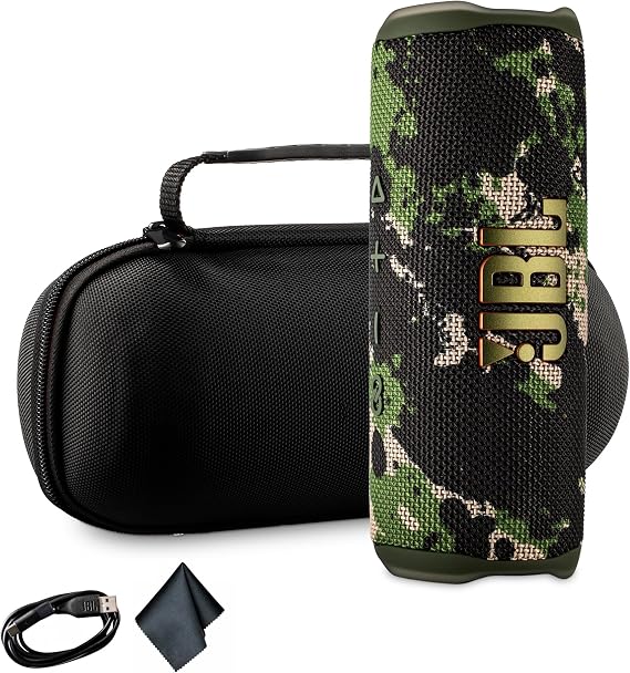 JBL Flip 6 Portable Wireless Speaker | Deep Bass Sound, IP67 Waterproof Rating | Bluetooth Audio for Outdoor, Travel, Beach, Hiking, and Home Use (Squad) with Travel Case + Microfiber Cloth