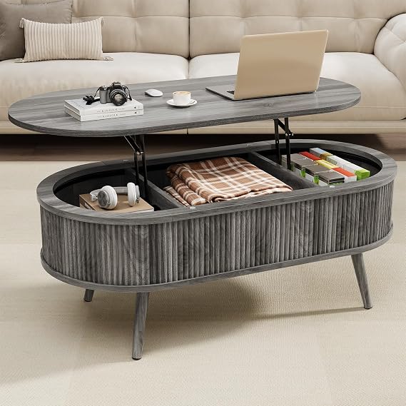 Oval Coffee Table with Storage, Fluted Modern Coffee Table with Lift Top, Small Coffee Tables with Storage, Mid Century Center Table for Living Room Home Office, 39.4", Gray