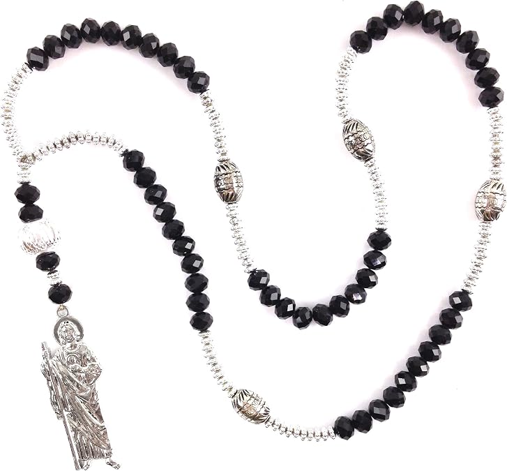 San Judas Crystal Glass Bead Prayer Silver Beads Rosary Rosario