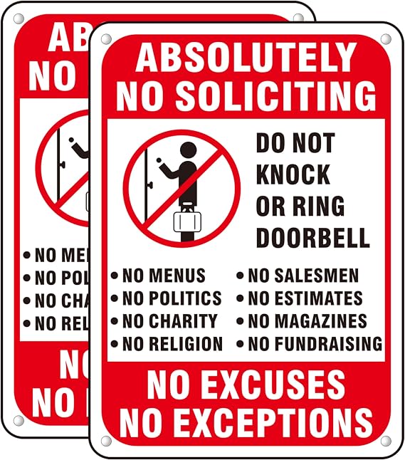 (2 Pack) No Soliciting Sign for House, No Soliciting Sign for Front Door, No Exceptions No Excuses Aluminum Metal Signs for Yard (White/Black, 7 x 5 inches)