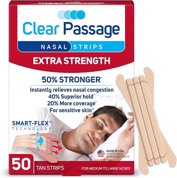 Clear Passage Nasal Strips, Tan Extra Strength, 50 Count | Works Instantly to Opens Nasal Passages, Improve Sleep, Reduce Snoring, Relieves Nasal Congestion Due to Colds & Allergies