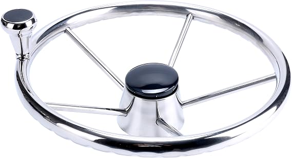 Amarine Made Destroyer Style Stainless Boat Steering Wheel, Marine Steering Wheel 5 Spoke 13-1/2 Inch, Stainless Steel Wheel for boat with Big Size Knob