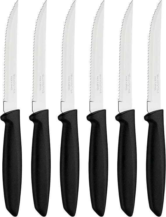 Tramontina Kitchen Knives Set of 6, Serrated Fruit Tomato Cooking Knife, Vegetable Chopper Peeler, Stainless Steel, Multipurpose, Pointed Tip, Black, 23498054