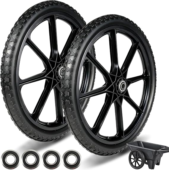 20 Inch Flat Free Wheelbarrow Wheels & Tires, Garden Cart & Wagon, 2-Pack