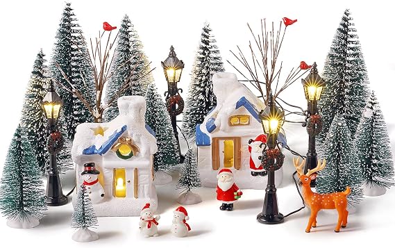 Namalu 34 Pcs Christmas Village Set with Mini Houses Trees,Cute Style