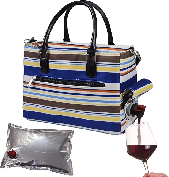 Insulated Drink Purse w/ 3L Bladder Bag | Thermal Hot and Cold Storage | Portable Drinking Dispenser for Wine, Cocktails, Beer, Alcohol | PU Leather Finish (Blue Nautical Stripe)