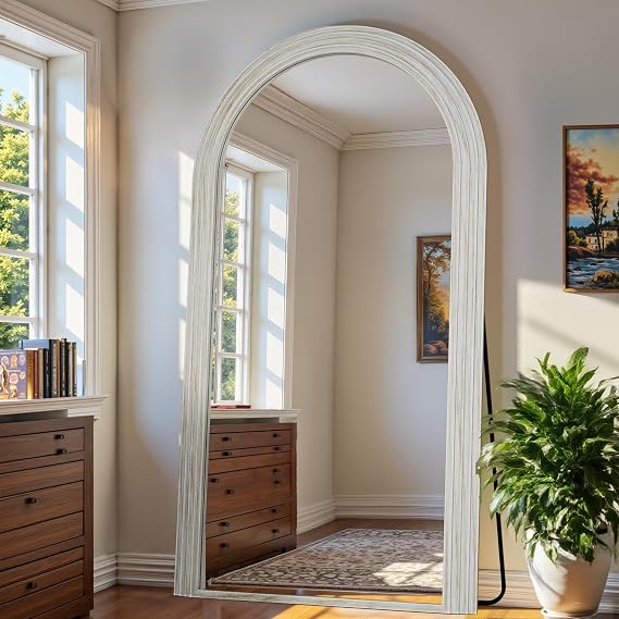 Antok Full Length Mirror 82"44" Floor Mirror Standing Tall Mirror, Arched Stand up Large Wall Mirrors, Freestanding Full Body Mirrors for Bedroom Living Room Wood Vintage Style White