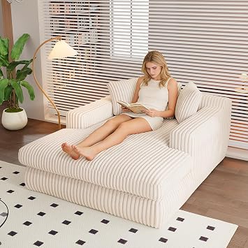 Antetek Oversized Chaise Longue Chair Indoor, Modern 53-inch Upholstered Corduroy Deep Seat Single Cloud Lounge Floor Sofa Couch for Living Room, Bedroom Apartment, Beige
