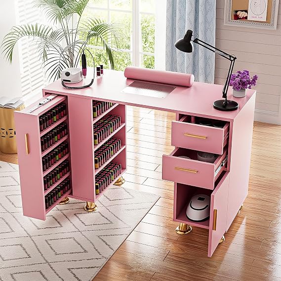 Kikihuose Manicure Table Nail Desk for Nail Tech, Nail Station with Dust Collector, Drawer & Storage Cabinet, Beauty Salon Workstation, Pink