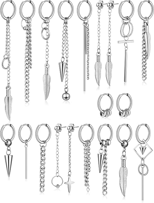 Hicarer 20 Pcs Men Dangle Earrings Stainless Steel Huggie Hoop Drop