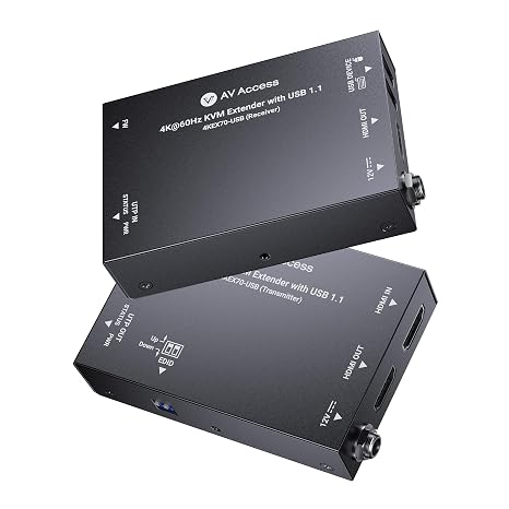 AV Access 4K60Hz HDMI & USB KVM Extender Over Cat6/6A/7 Upto 230ft, HDR10 | HDCP 2.3, 2xUSB 1.1, Bi-Directional PoC, EDID Switch, HDMI Loop-Out for Retail & Control System (4KEX70-USB)