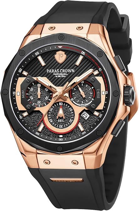 Paras Crown Mens Watches Fashion Luxury 50M Waterproof Chronograph Wrist Watches for Men with Silicone Strap Stainless Steel Case