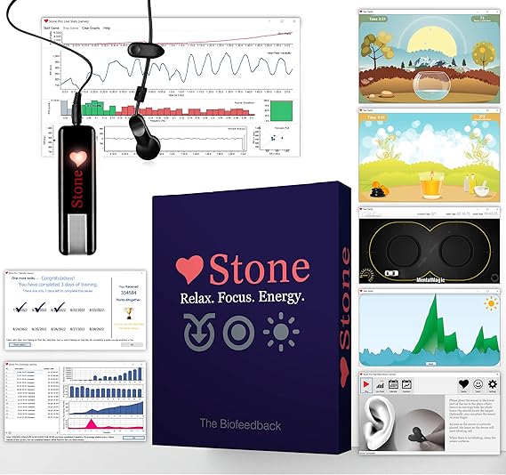 Stone Pro HRV Biofeedback Training Device Heart Rate Variability Sensor with 5 Games | Stress Relief, Focus & Relaxation Training at Home | USB for Windows PC