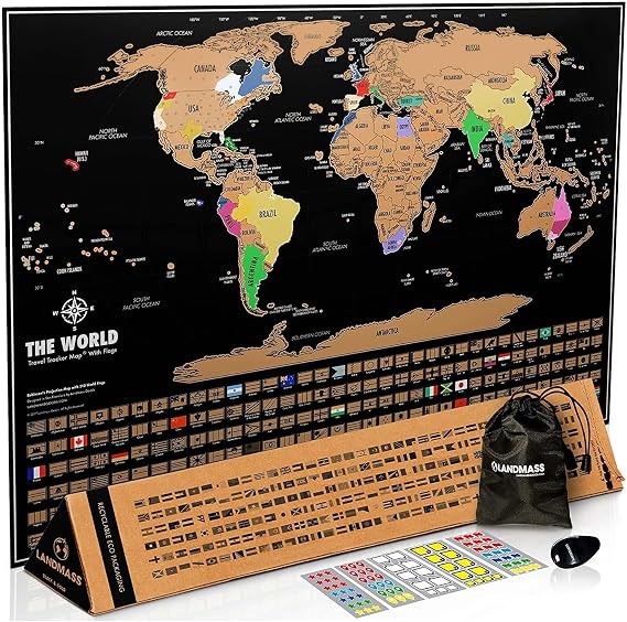 Landmass Scratch off World Map, Deluxe Travel Tracker Poster with Flags, Detailed Cartography, Gift Idea for Travelers, Map Lovers, Wall Art, Home or Office Decor, 17x24 Inches