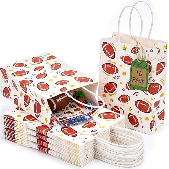 VGOODALL Paper Gift Bags, Football Goodie Bags with Handles, 5.5 x 2.8 x 8 Inches, Pack of 16 for Team Snack kids Birthday Party Favor Supplies
