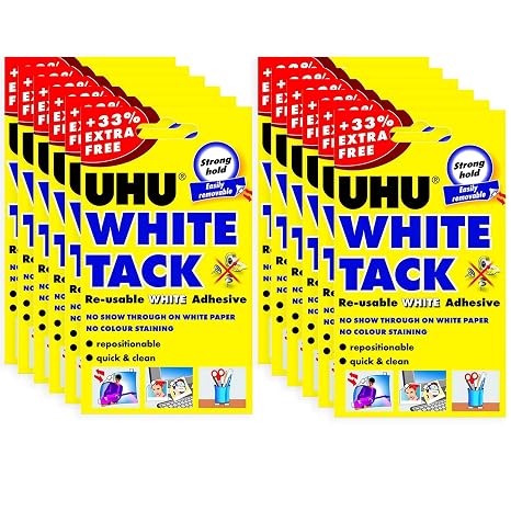 UHU White Tack - Sticky Reusable Adhesive Putty Glue, Wall Adhesive - Pack of 12