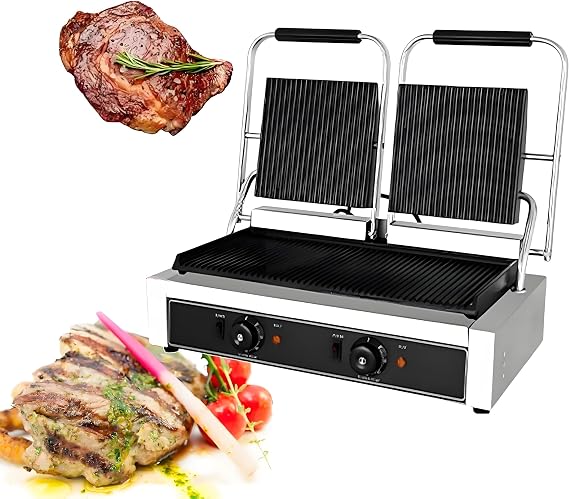 Electric Panini Press Grill, Multifunctional Sandwich Toaster with Non-Stick Coated Plates, Adjustable Temperature, Removable Grease Tray for Commercial Use